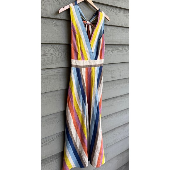 Gilli Striped Linen Blend Tie Back Midi Dress S - Picture 4 of 6